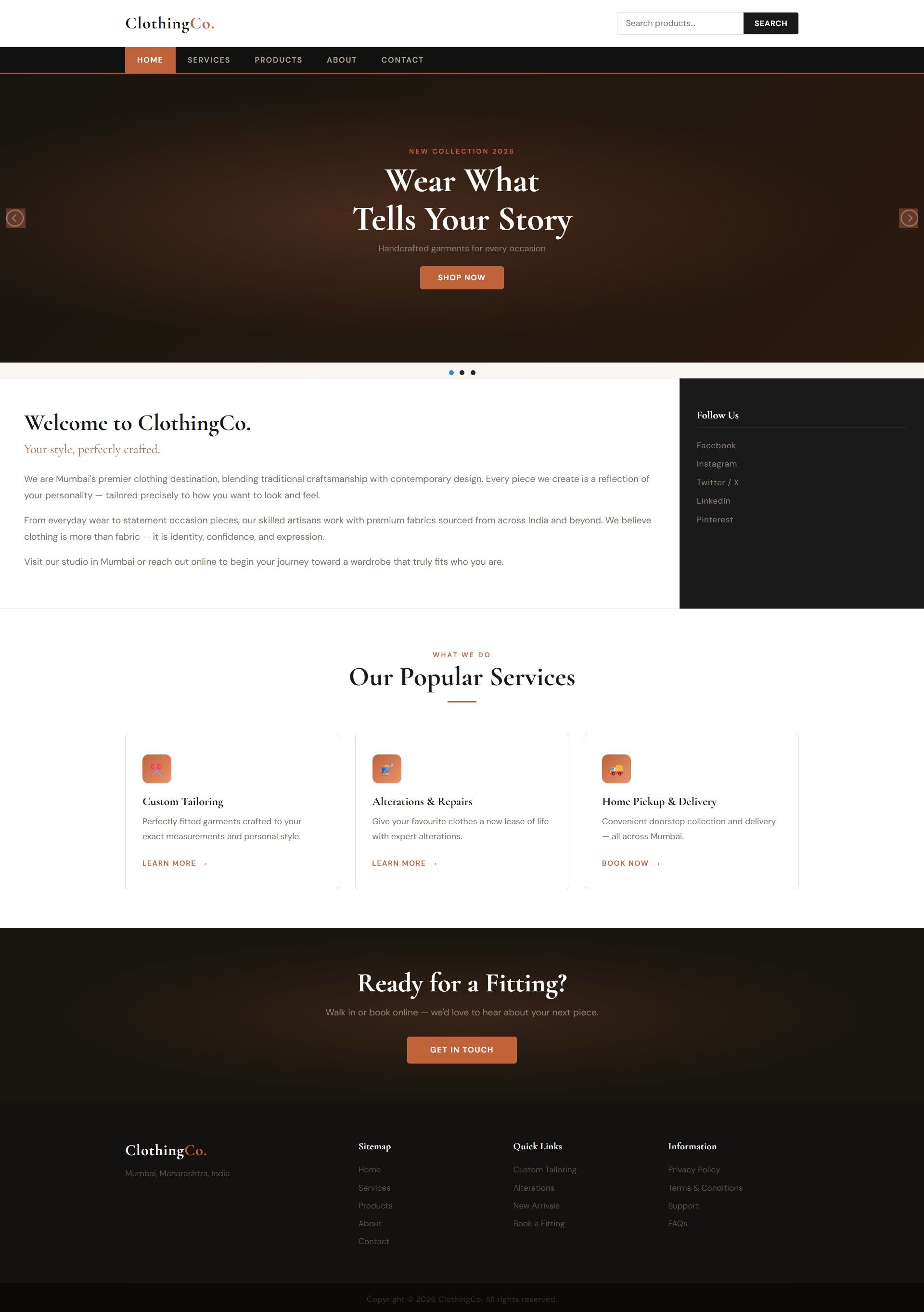 Homepage screenshot of ClothingCo multi-page fashion brand website with hero slider