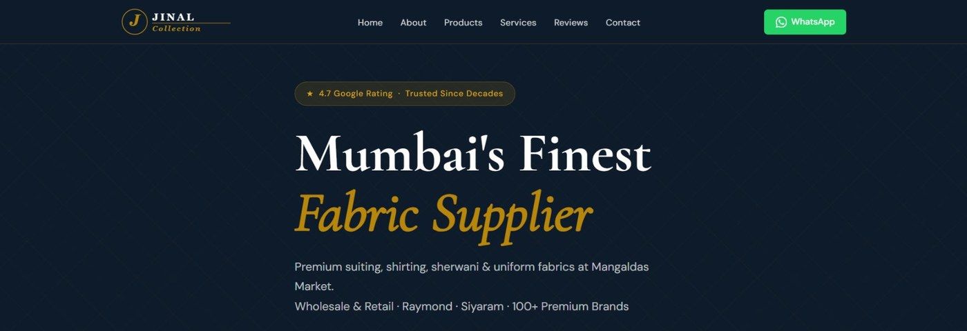 Homepage screenshot of Jinal Collection — responsive website for a Mumbai-based fabric and uniform supplier