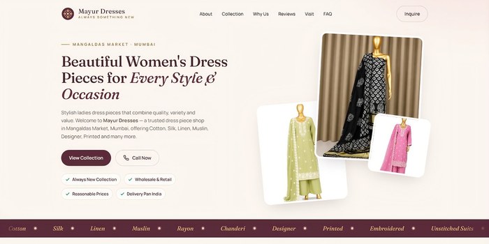 Mayur Dresses — website for a Mumbai ladies dress piece shop